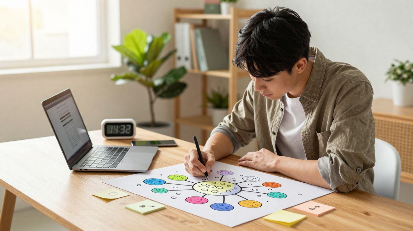 Jovem criando diagrama colorido em papel grande, sentado à mesa com laptop e papelada ao redor.