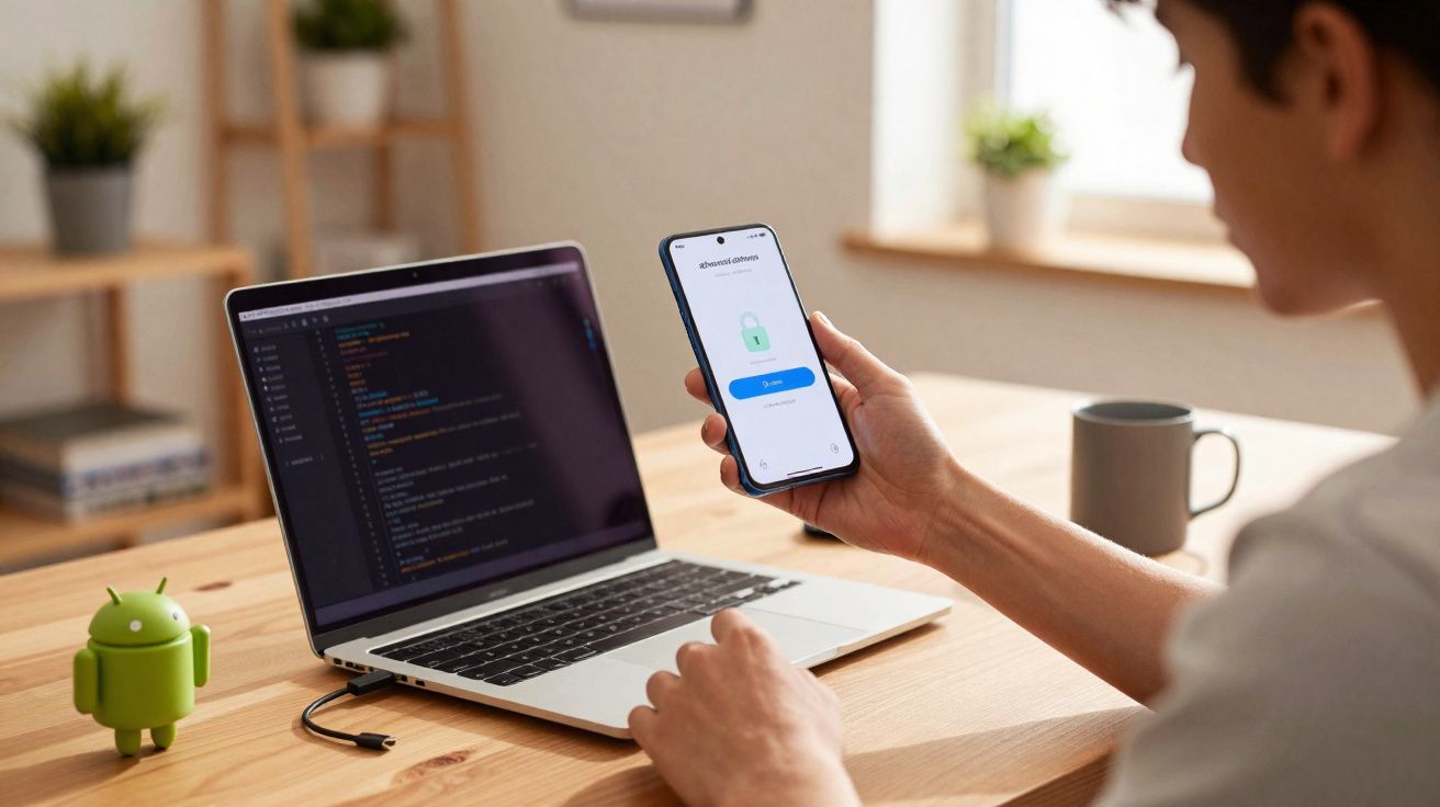 Pessoa segurando celular com tela de login ao lado de notebook com código aberto em mesa de madeira.