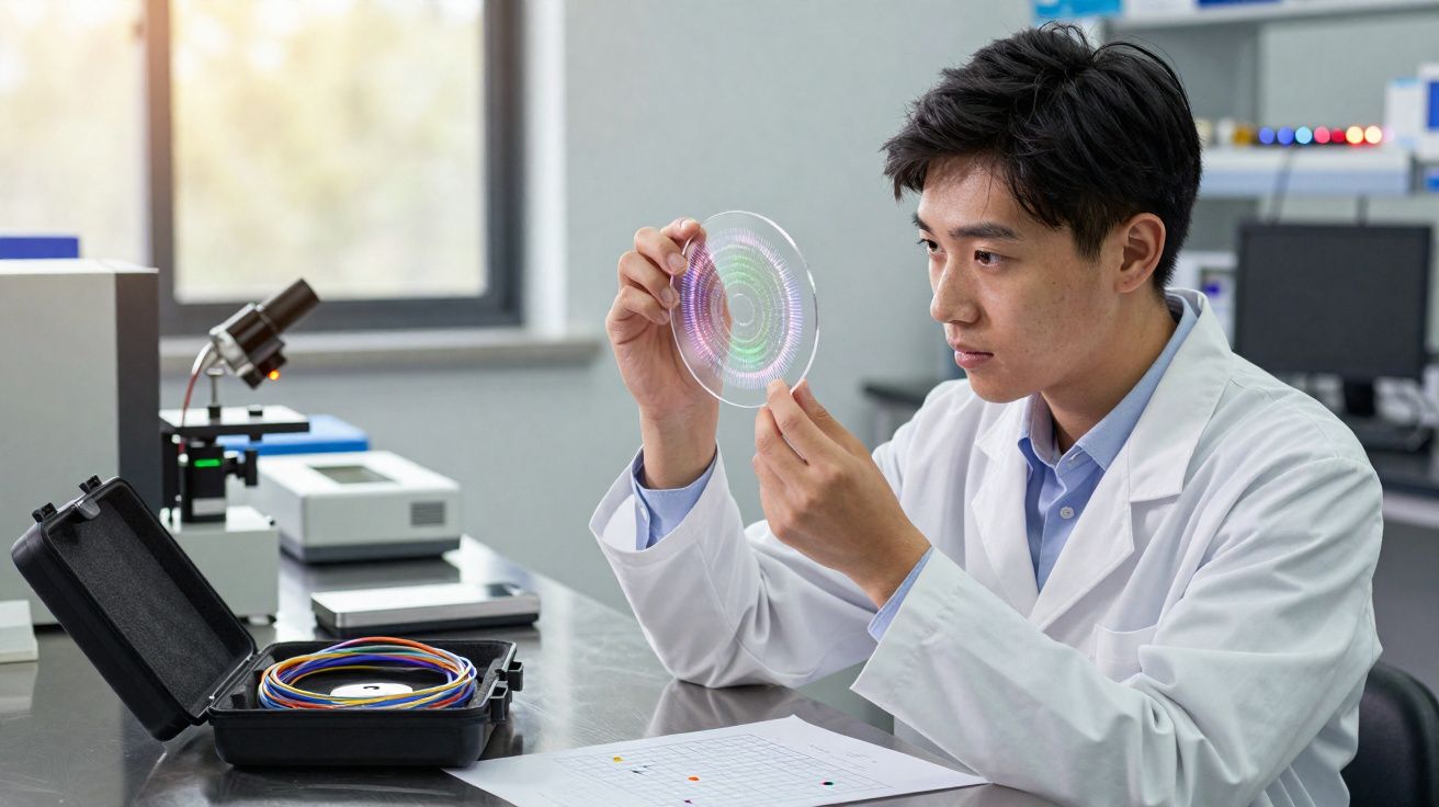 Homem com jaleco branco examina disco transparente com padrões coloridos em laboratório moderno.