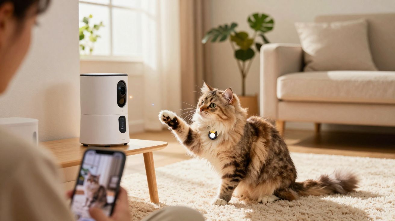 Gato levantando a pata dianteira na sala, com pessoa segurando celular focado no animal.