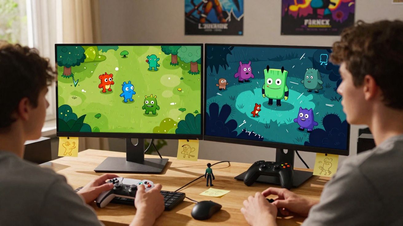 Duas pessoas jogando videogame em computador com dois monitores exibindo personagens coloridos de jogo animado.