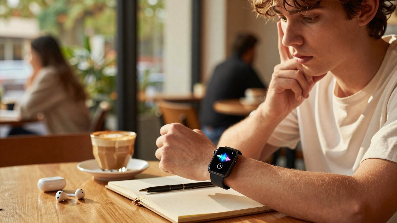 Jovem em café olhando para relógio inteligente, com café, fones e caderno à sua frente na mesa.