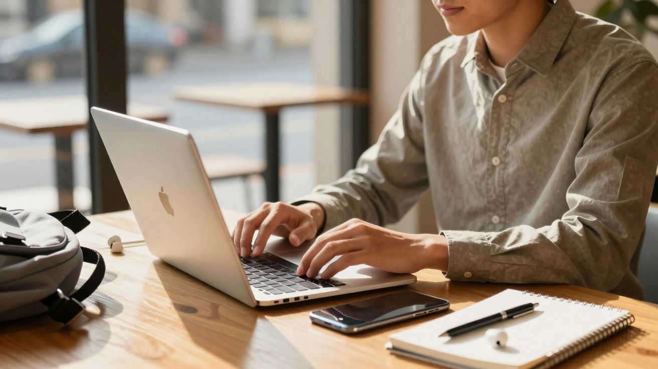 Pessoa digitando em um laptop Apple em mesa com mochila, celular, caderno e fones de ouvido brancos.