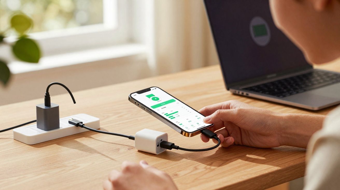 Pessoa usando smartphone conectado a carregador e laptop em mesa de madeira perto de janela.