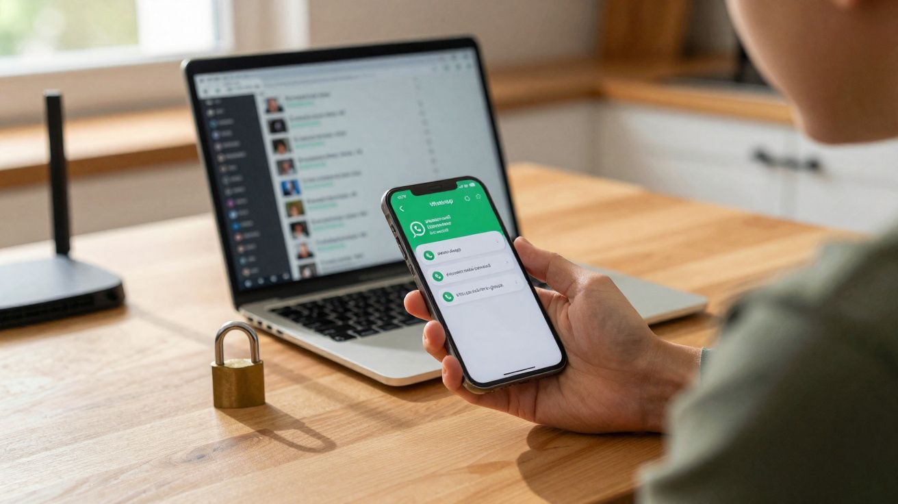 Pessoa segurando celular com WhatsApp aberto, notebook e cadeado sobre mesa de madeira.