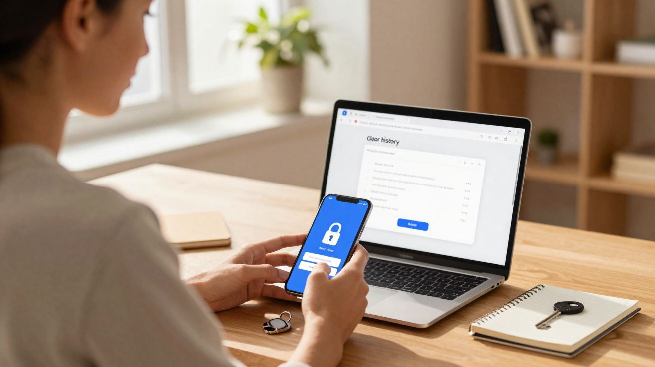 Pessoa usando celular com tela de login e notebook com página de limpeza de histórico em mesa de madeira.