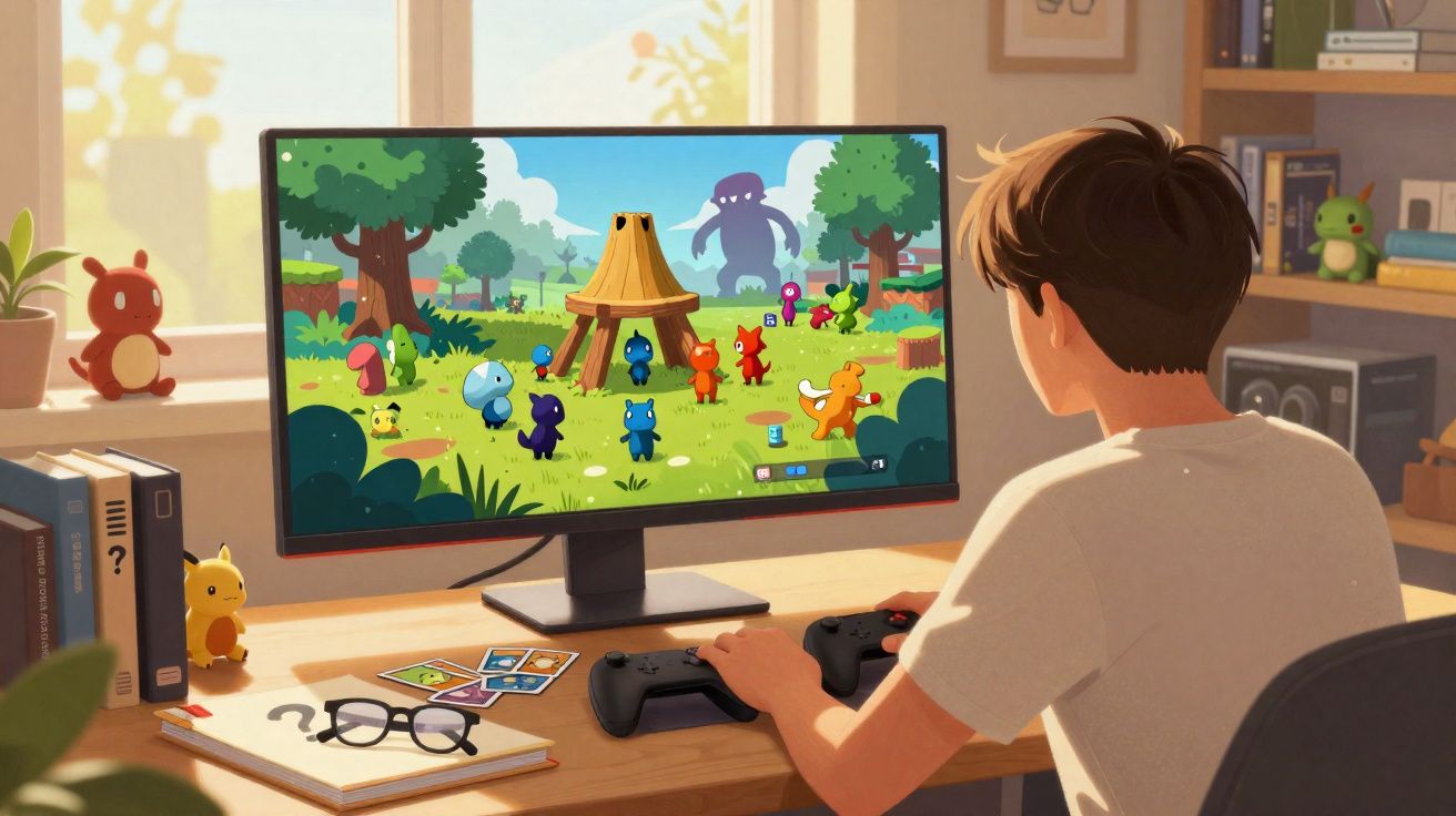 Jovem jogando videogame com personagens coloridos em tela de computador em um quarto iluminado.