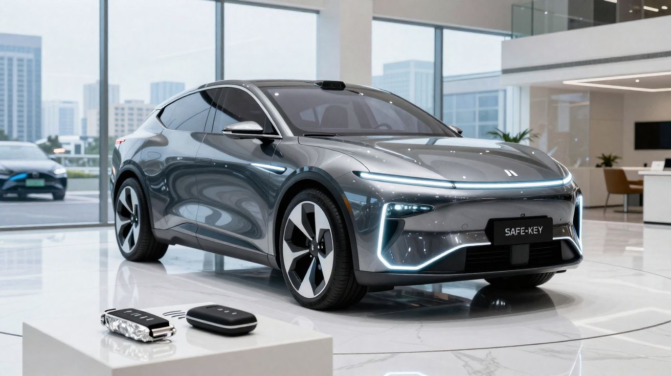 Carro elétrico cinza moderno em showroom com faróis de LED acesos e chaves sobre mesa branca.