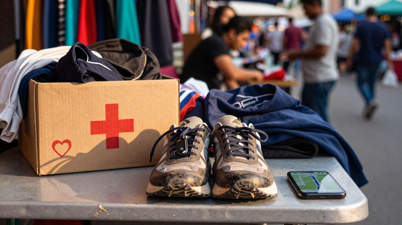 Caixa de doações com roupas e tênis em mesa, pessoas ao fundo em feira ao ar livre.