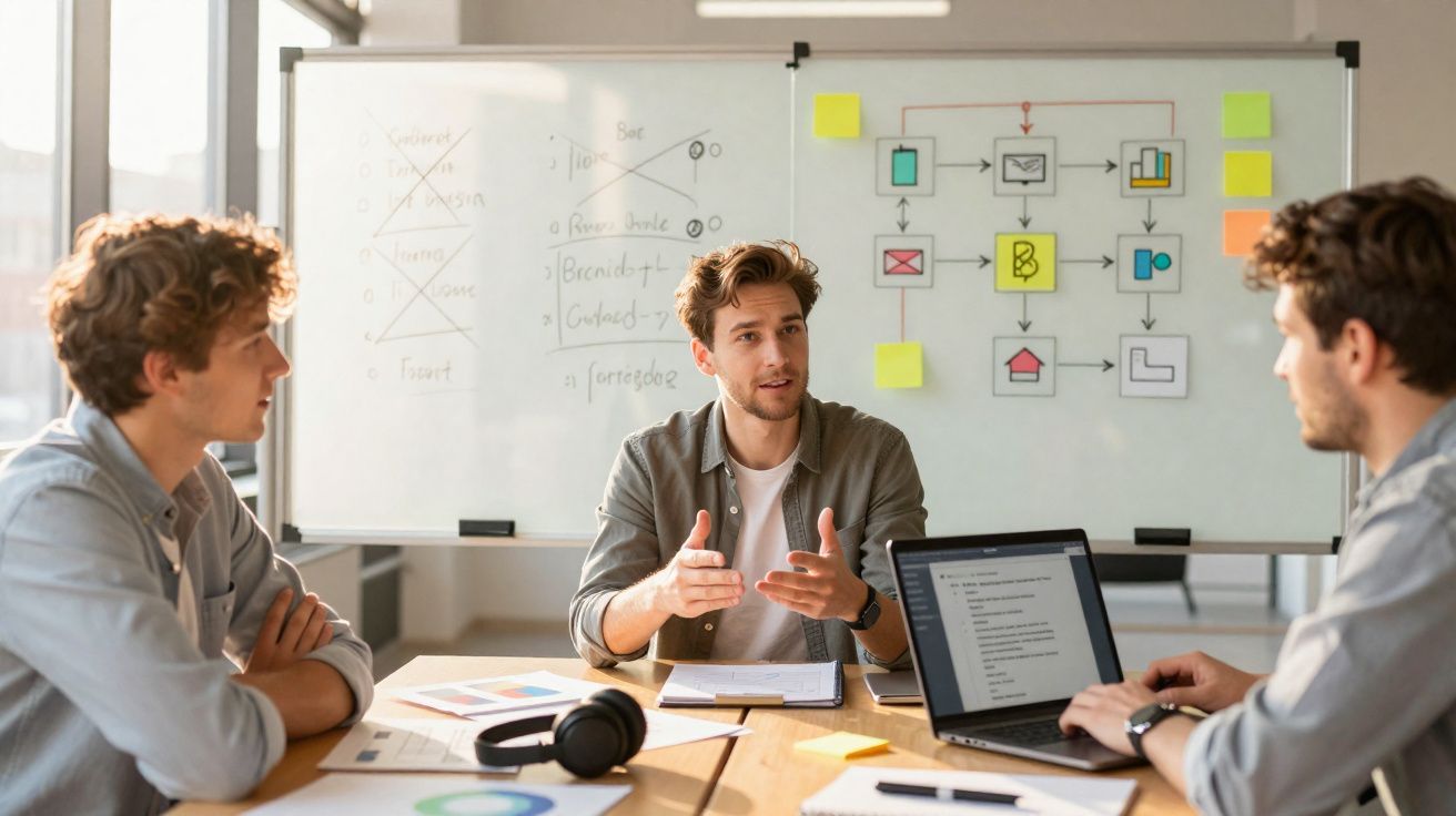 Três homens discutem projeto em sala com quadro branco e laptop aberto em mesa de reunião.