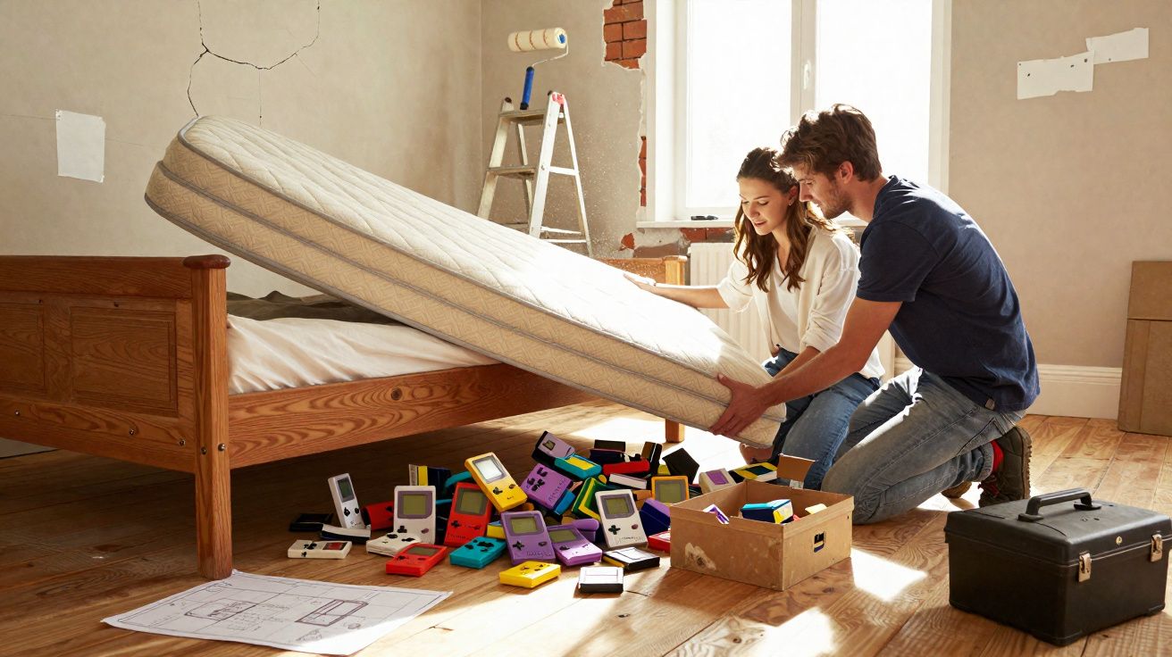 Casal levantando colchão para revelar coleção de consoles portáteis Game Boy em quarto em reforma.