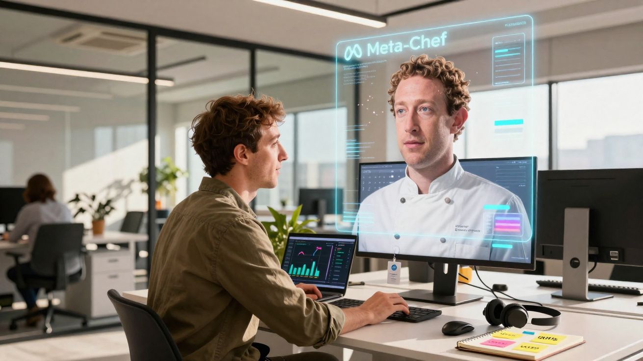 Homem jovem interage com holograma de chef virtual em ambiente de escritório moderno.