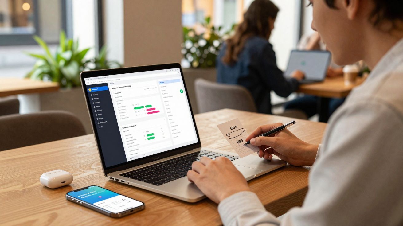 Pessoa usando laptop com gráficos e smartphone ao lado em ambiente de trabalho compartilhado.