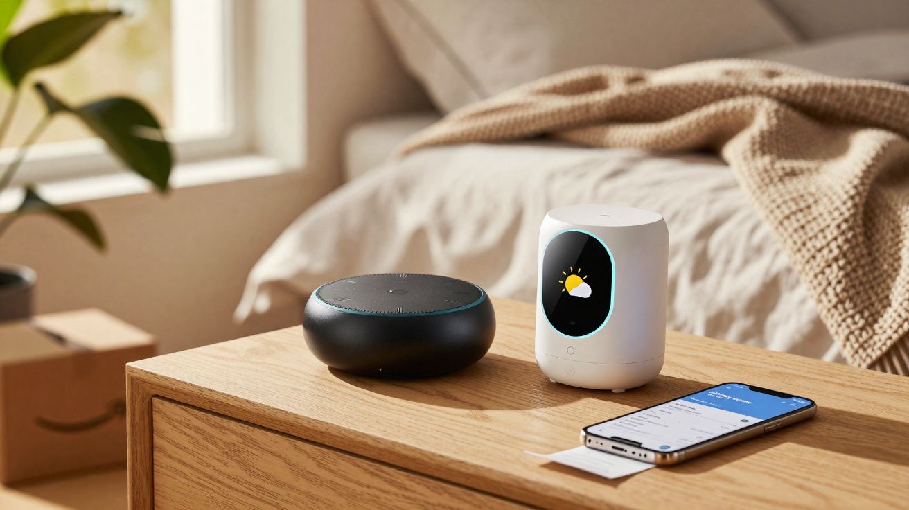 Mesa de cabeceira com dois assistentes virtuais e um smartphone em ambiente iluminado natural.