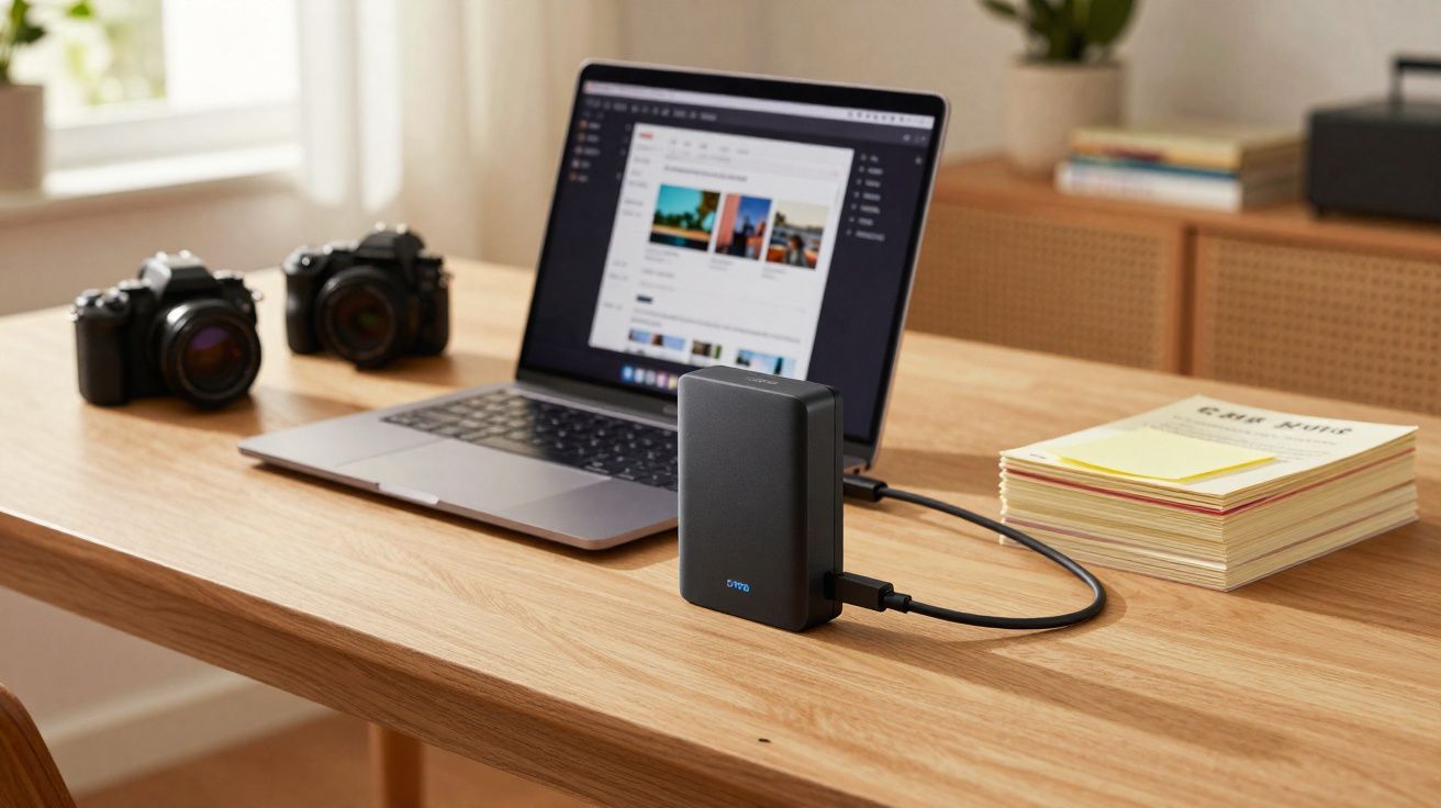 Notebook, dois câmeras, disco rígido externo e pilha de documentos sobre mesa de madeira.