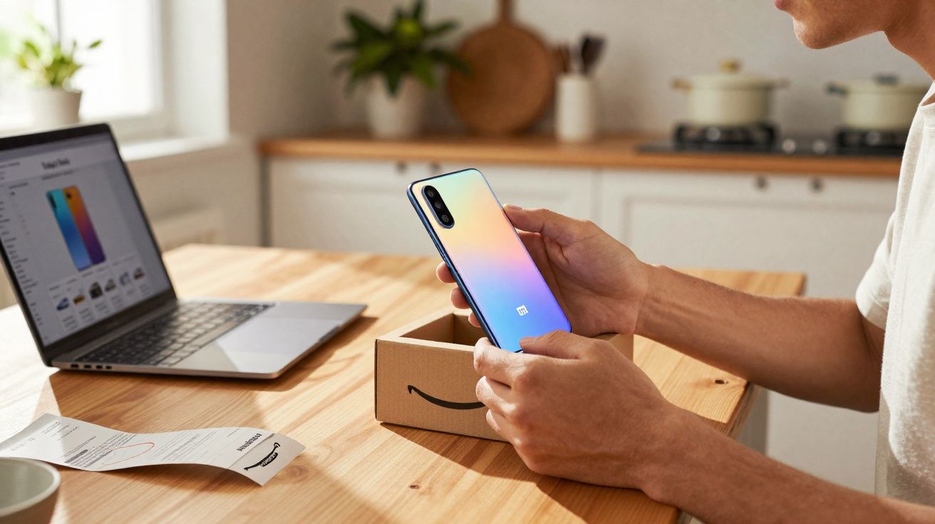 Pessoa segurando celular Xiaomi azul perolado, caixa e comprovante da Amazon sobre mesa de madeira.