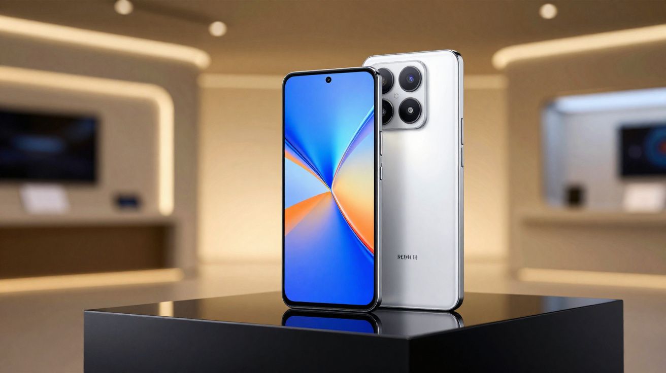 Smartphone Redmi 13 prata exibido em pedestal preto com tela ligada e câmera tripla traseira.