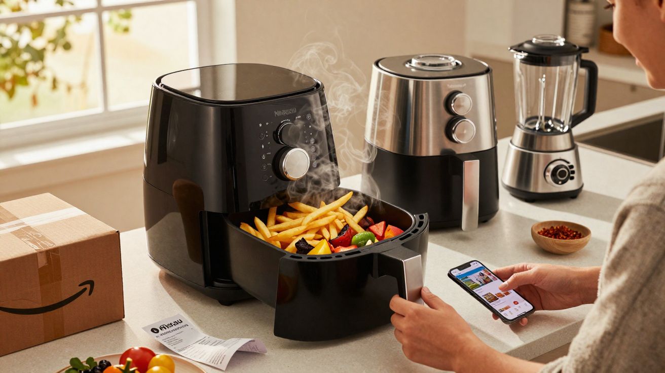 Fritadeira elétrica preta com batatas fritas e legumes frescos, em uma cozinha moderna.