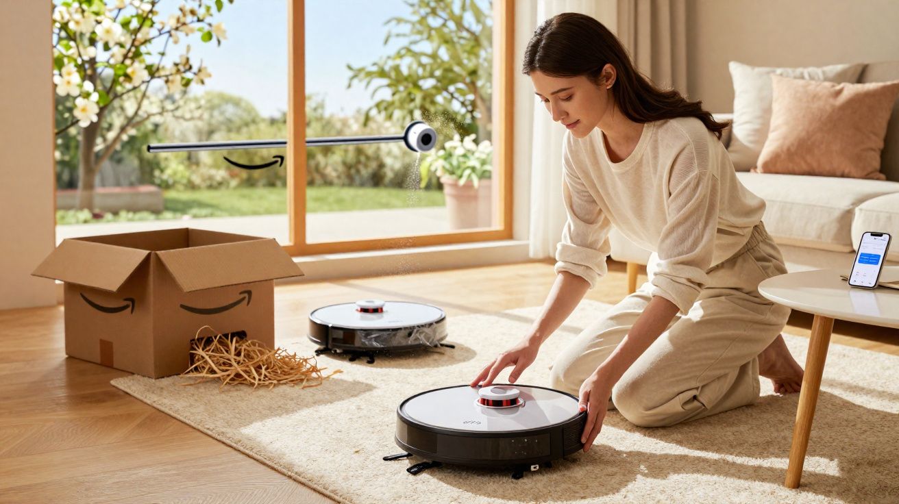 Mulher ajusta aspirador robô em sala iluminada com caixa aberta e celular em mesa.