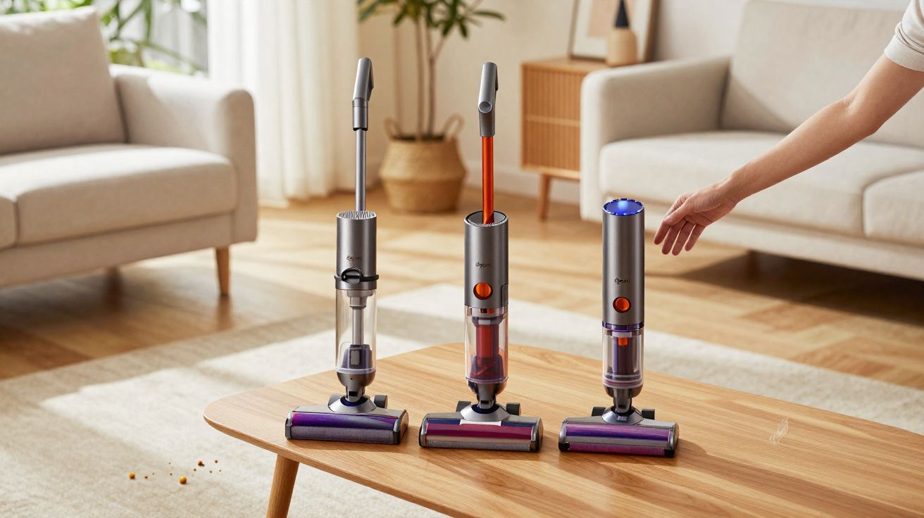 Três aspiradores verticais compactos posicionados em uma mesa de centro em sala iluminada.