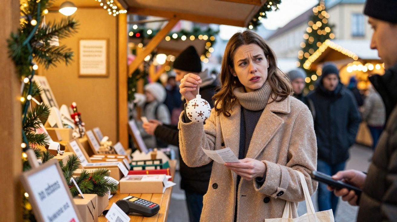 Mulher segurando enfeite natalino em mercado de Natal ao ar livre com decoração festiva e pessoas ao fundo.