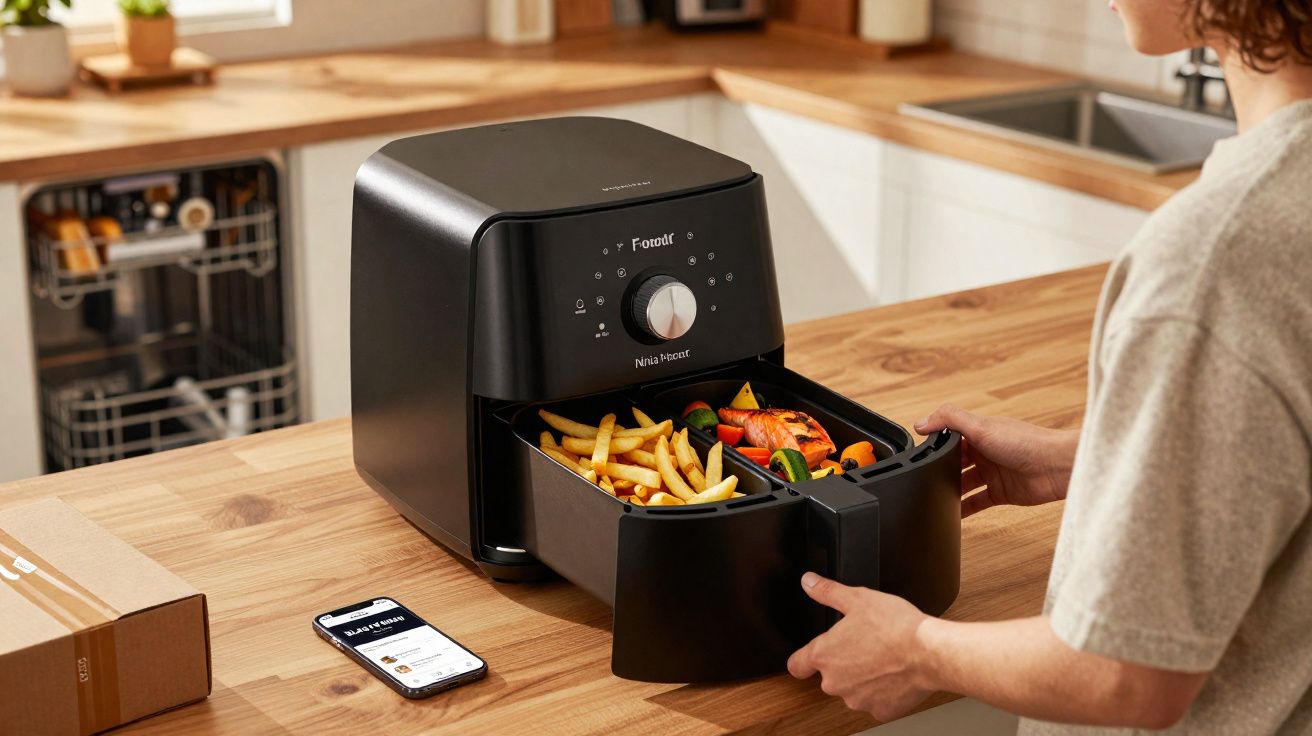 Pessoa retirando cesta de fritadeira elétrica preta com batatas fritas e legumes em cozinha moderna.