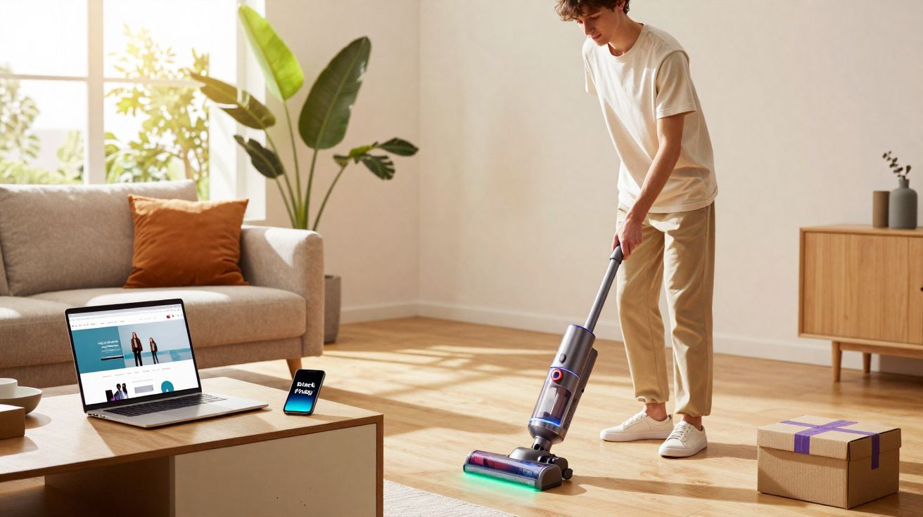 Pessoa usando aspirador vertical para limpar sala com sofá, laptop, planta e caixa no chão iluminado pelo sol.