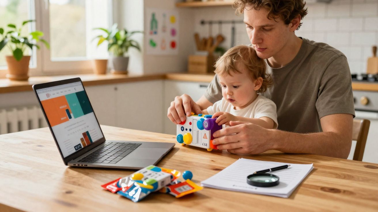 Pai e filho brincam juntos com brinquedo educativo na cozinha, ao lado de notebook e bloco de notas.