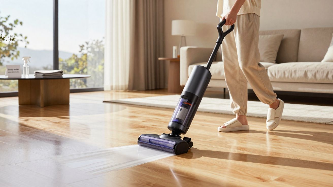 Pessoa usando aspirador de pó vertical para limpar piso de madeira em sala iluminada e arejada.