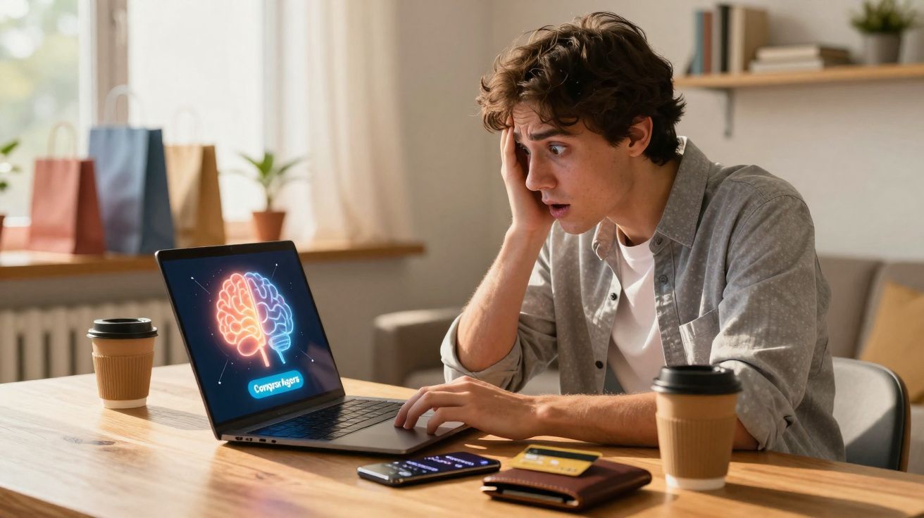 Jovem surpreso olhando para o cérebro iluminado em um laptop enquanto está sentado à mesa com café.