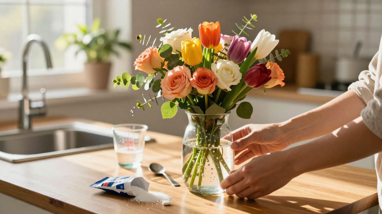 Pessoa arrumando um vaso com flores coloridas numa cozinha iluminada e ensolarada.