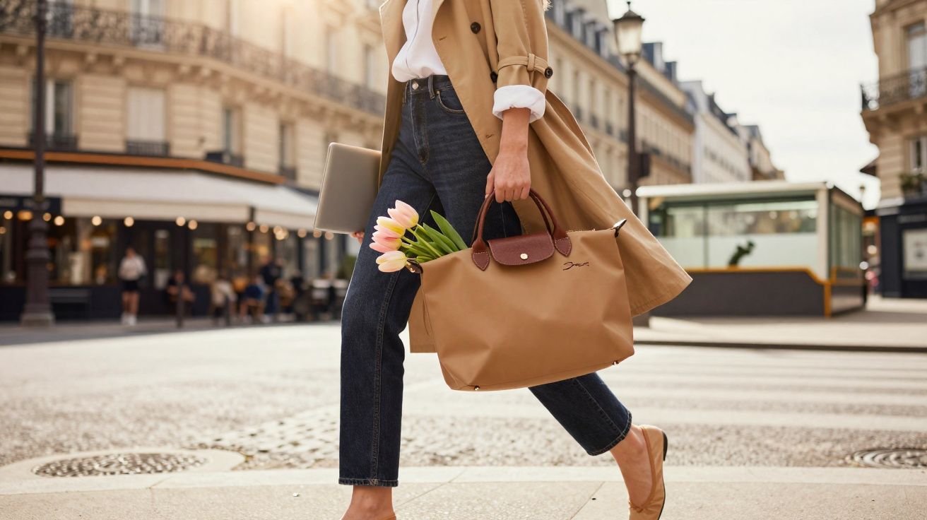 Pessoa caminhando com saco bege contendo flores em rua urbana com prédios históricos ao fundo.