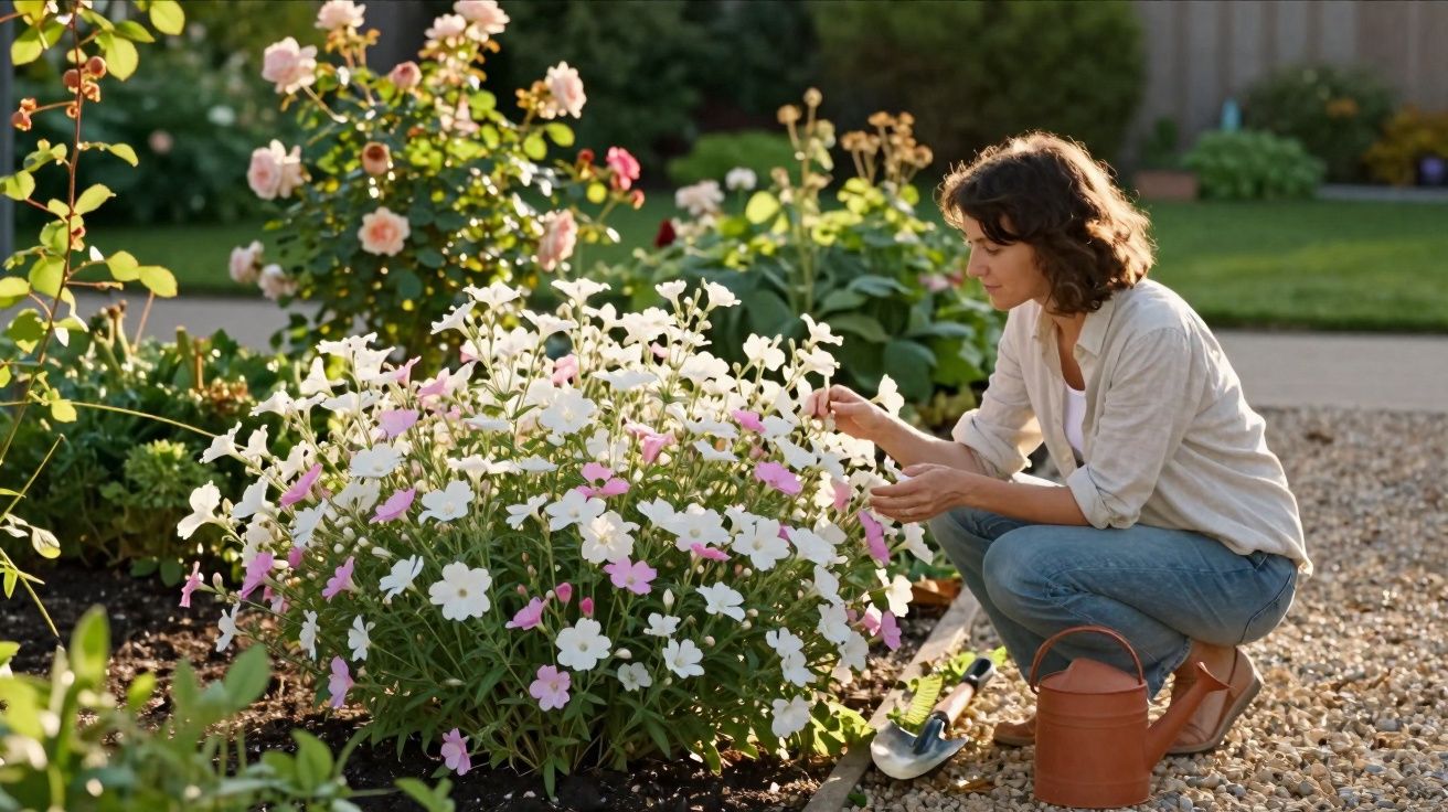 Mulher cuidando de flores brancas e rosas em jardim ensolarado, com regador e pá ao lado.