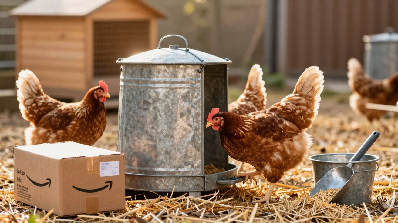 Galinha marrom no galinheiro próximo de comedouro metálico, caixa de papelão e balde com pá.