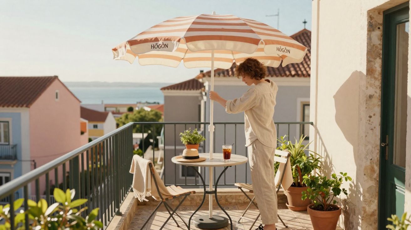 Pessoa ajustando guarda-sol em varanda com mesa, cadeiras, plantas e vista para casas e mar ao fundo.