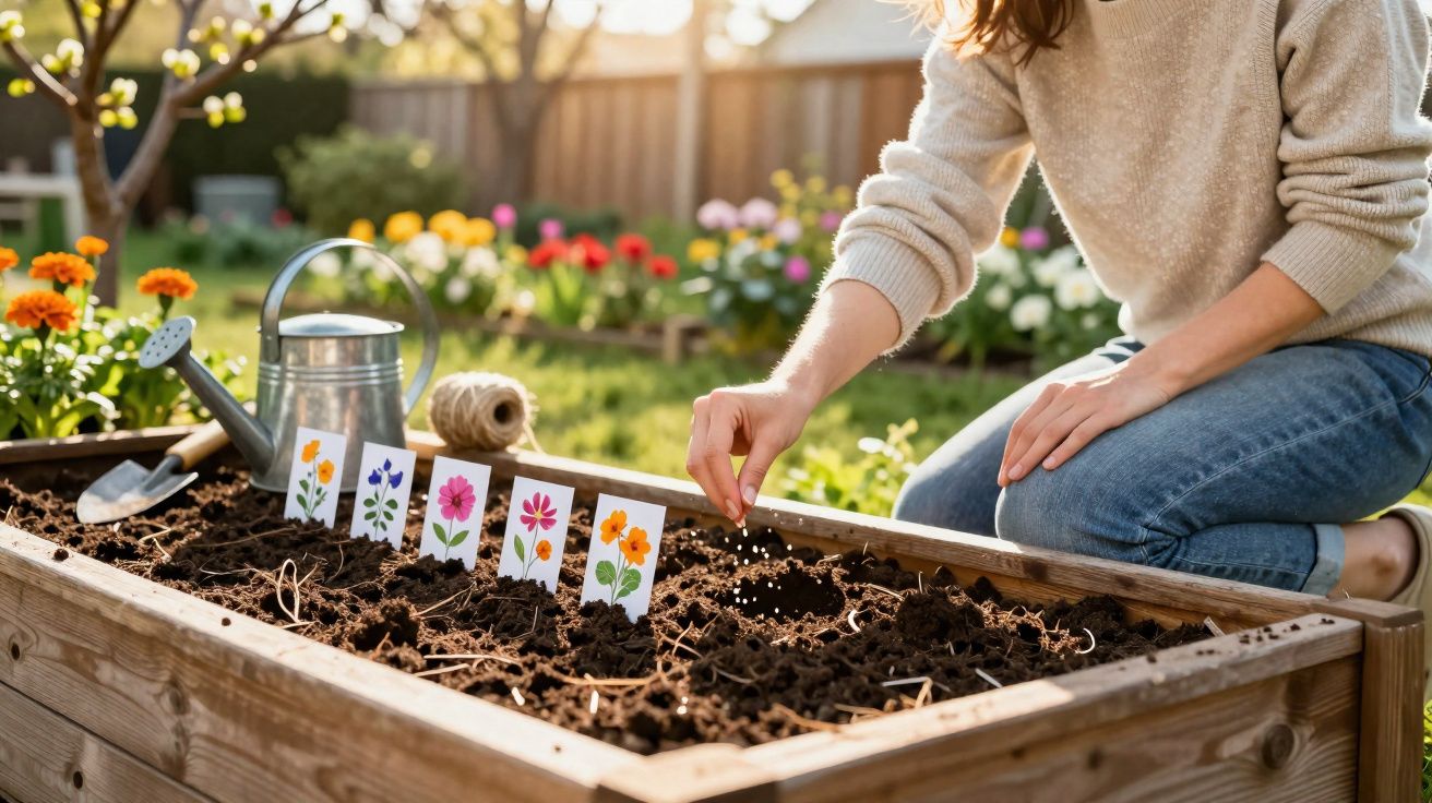 Pessoa plantando sementes em canteiro elevado de madeira em jardim com etiquetas de flores coloridas.