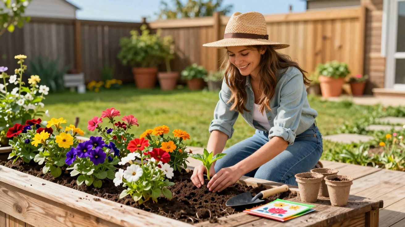 Mulher sorridente plantando flores coloridas em canteiro de madeira no jardim ensolarado.