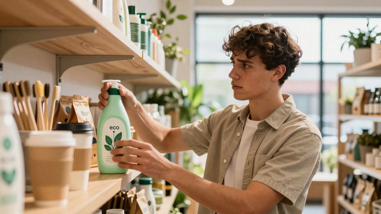 Jovem escolhe produto ecossustentável em prateleira de loja com itens veganos e naturais.