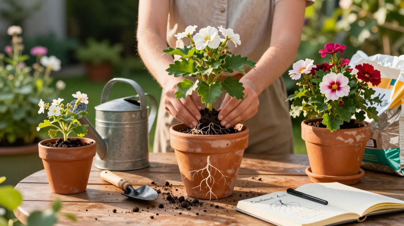 Pessoa replantando flor branca em vaso de barro sobre mesa de madeira com regador e caderno ao lado.