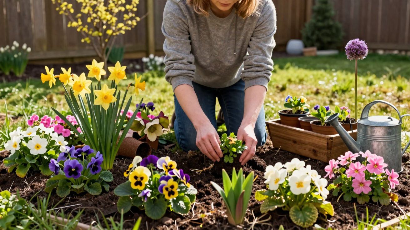Pessoa plantando flores coloridas em canteiro de jardim ensolarado com regador e vasos ao lado.
