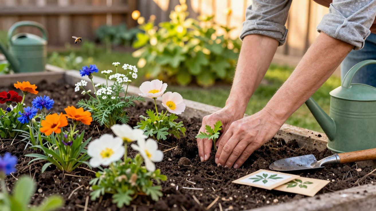 Pessoa plantando muda em canteiro com flores coloridas e regador verde ao lado.
