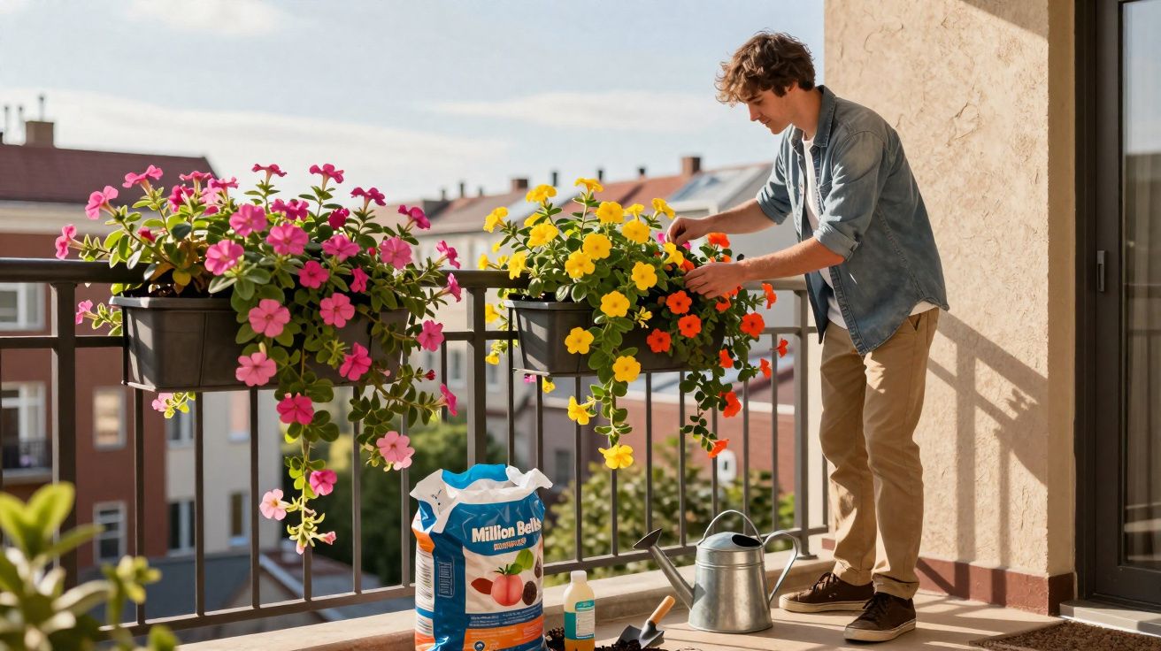 Homem cuidando de flores amarelas e rosa em vasos pendurados na varanda ensolarada.