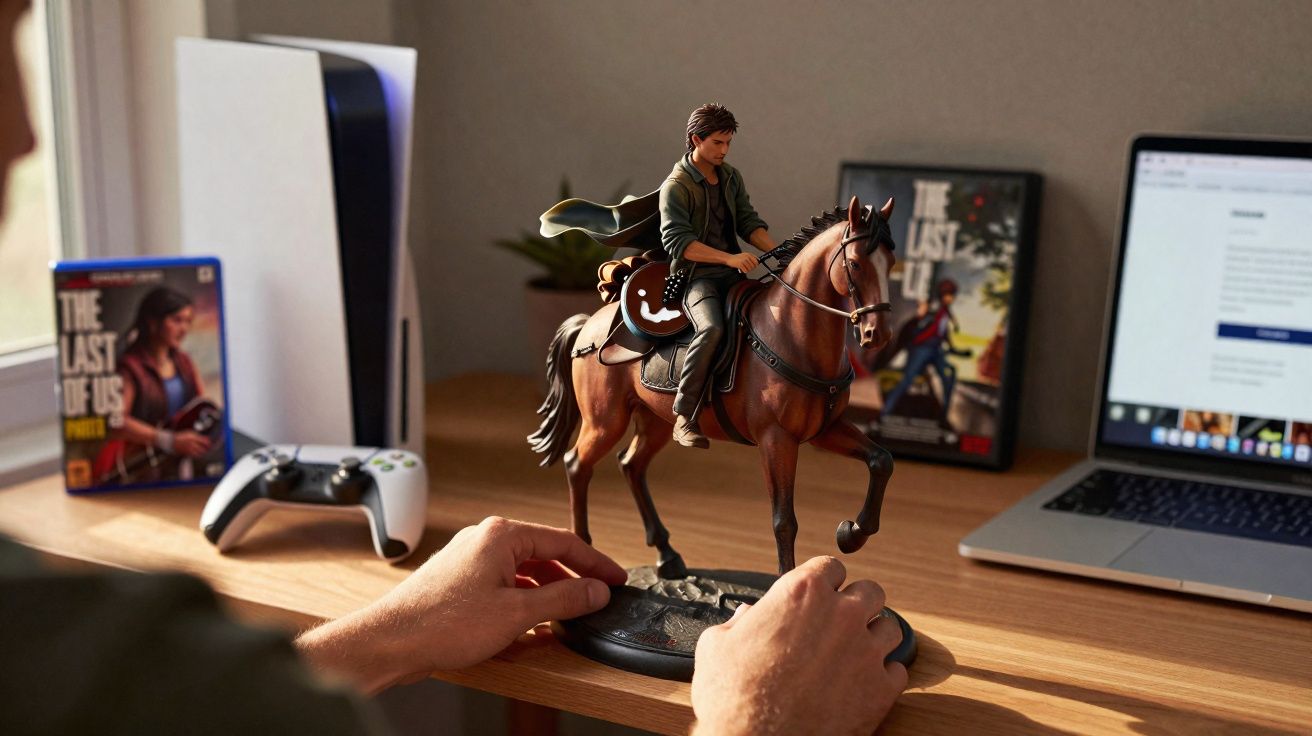 Pessoa segura estátua de cavaleiro em mesa com videogame, controle, e laptop ao fundo.