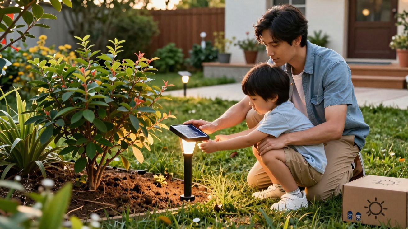 Pai e filho ajustando luminária solar no jardim de casa durante o dia.