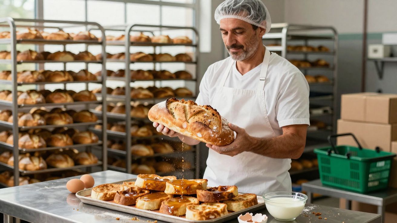 Padeiro com touca segurando pão grande sobre mesa com diversos pães e bandeja em padaria.