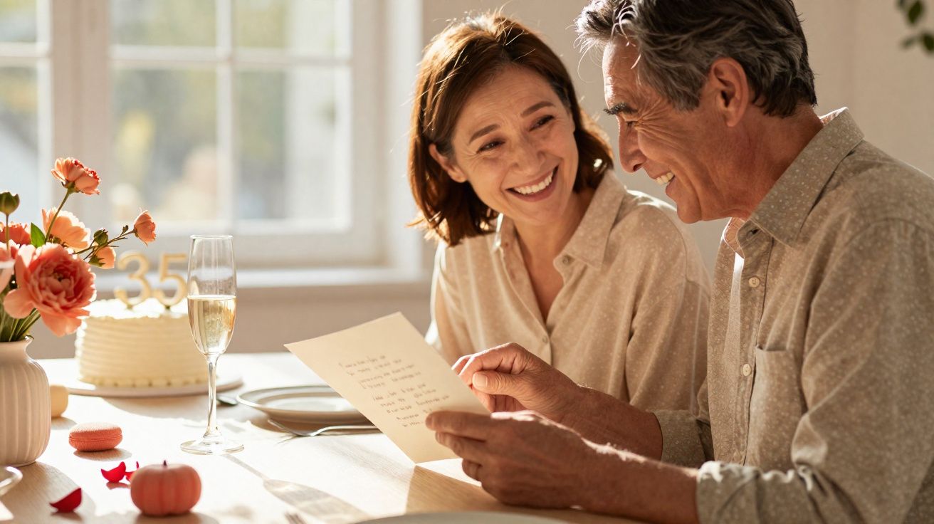 Casal maduro sorrindo enquanto lê cartão em mesa decorada para comemorar 35 anos juntos.