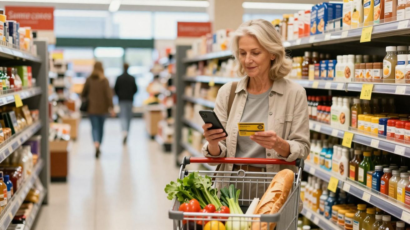 Mulher madura fazendo compras no supermercado, conferindo cartão enquanto segura celular ao lado do carrinho.