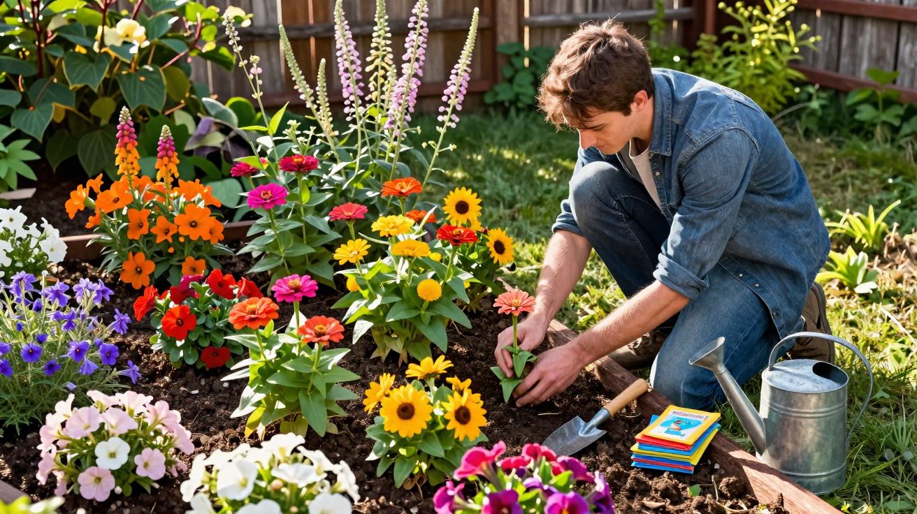 Homem plantando flores coloridas em jardim com regador e ferramentas ao redor, em dia ensolarado.