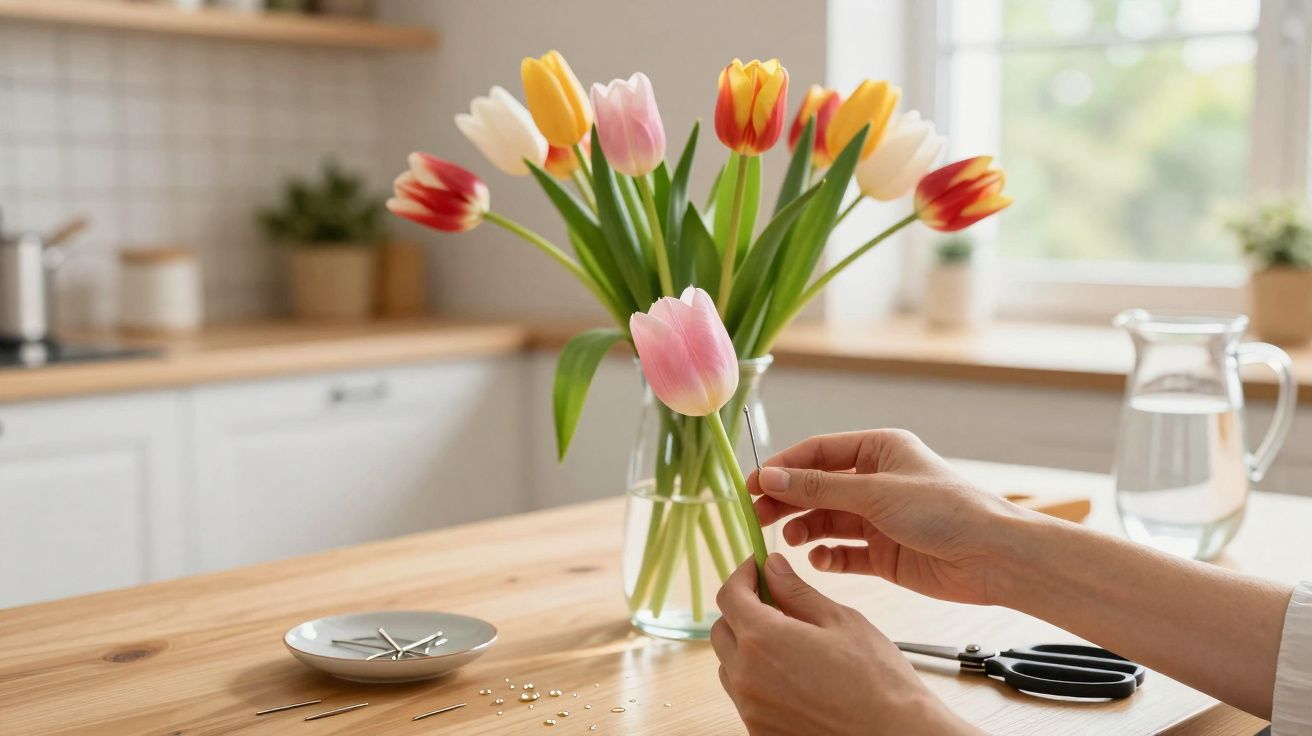 Mãos arrumando tulipas coloridas em vaso sobre mesa de madeira em cozinha iluminada.