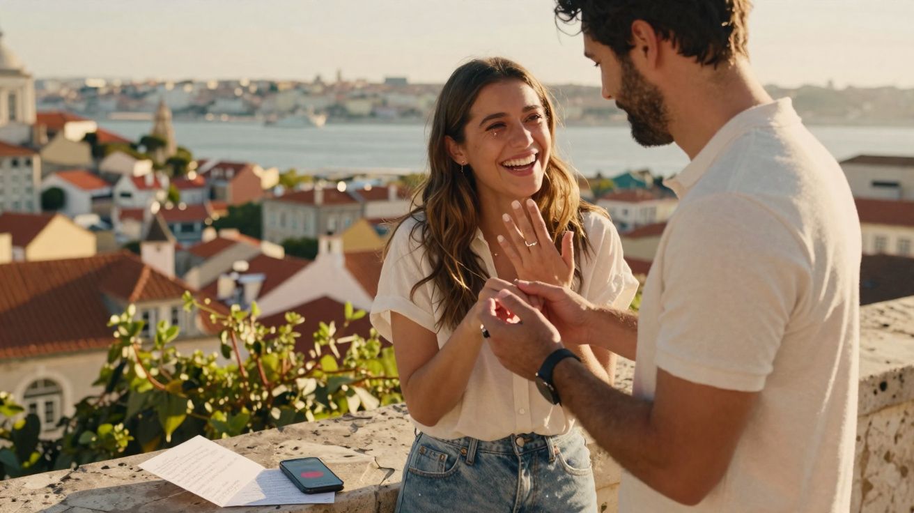 Casal feliz em momento de pedido de noivado ao ar livre com vista para a cidade e o mar ao fundo.